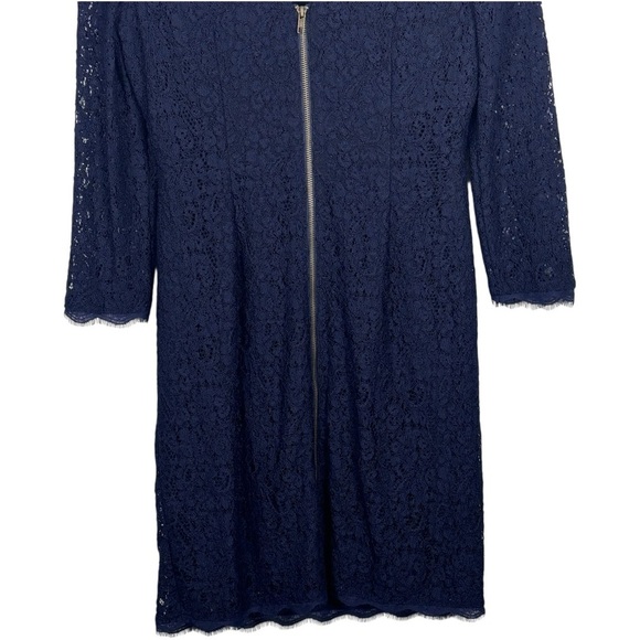 ADRIANNA PAPELL NAVY BLUE SCALLOPED LACE 3/4 SLEEVE SHEATH COCKTAIL DRESS - Picture 10 of 13